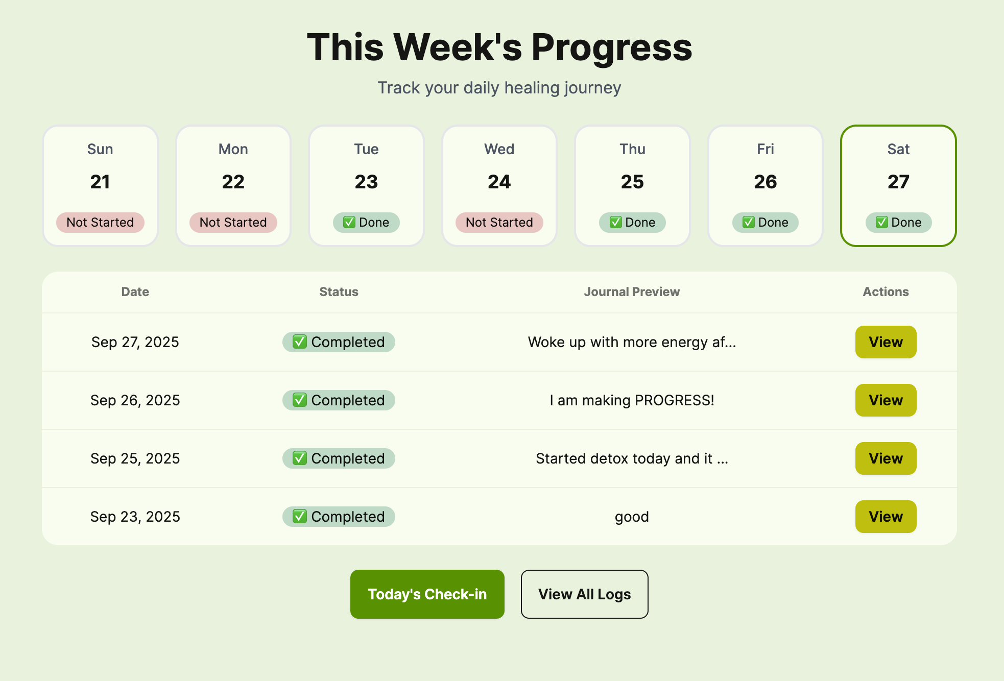 Weekly Log UI showing health tracking dashboard